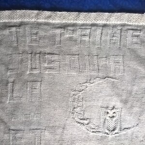 Gray baby blanket with message "I love you until... and back" handmade knitted