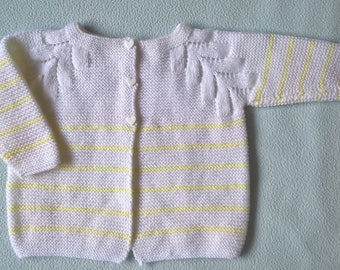 Gilet cardigan tricot fait main bébé fille 6 mois Blanc rayé jaune