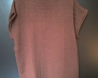 Pull tunique femme sans manches tricoté main marron glacé ajouré avec des entrelacs taille L