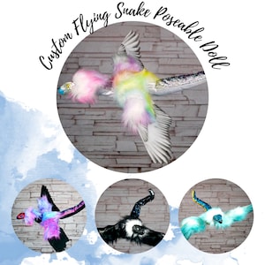 May include: Three custom flying snake poseable dolls. The first doll is a rainbow and pink flying snake with silver glitter accents. The second doll is a black and purple flying snake. The third doll is a teal and blue flying snake.
