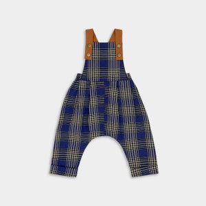 Navy Plaid Linen Long Overalls - Classic Tartan Dungarees Designed in the USA for Everyday Wear, Photoshoots, Formal Events and the Holidays