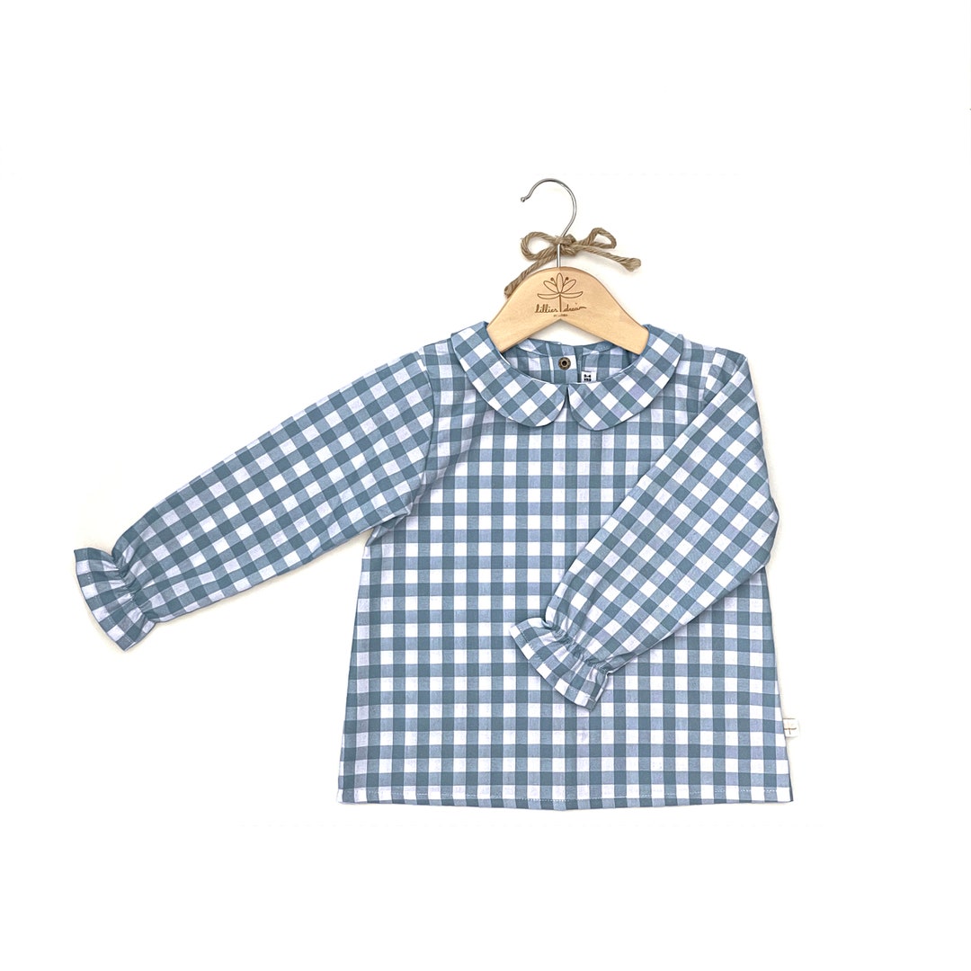 Slate Gingham Blouse / Blue White Checks Girl Shirt / Peter - Etsy