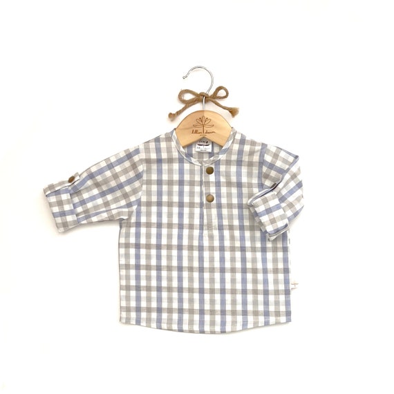 Blue Plaid Henley Shirt / Baby's Tartan 