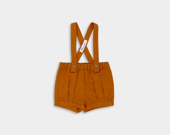 Burnt Orange Linen Suspender Shorts / Rust Ring Bearer Shorts / Shorts + Bow Tie Toddler Wedding Outfit / Page Boy Suit / Cake Smash Outfit