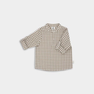 Beige Gingham Henley Shirt / Toddler Boy Events Shirt / Ring Bearer Shirt / Retro Baby Shirt / Smash Cake Boy Shirt / Button Up Infant Shirt
