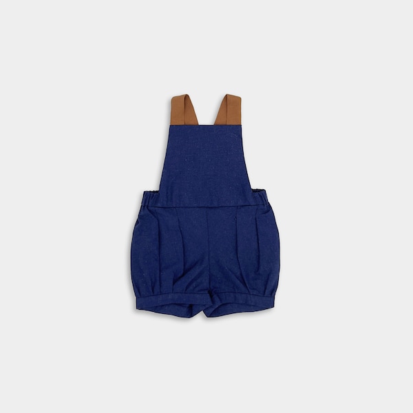 Navy Linen Overalls / Special Occasion Infant Coveralls / Indigo Blue Smash Cake Outfit / Toddler Wedding Romper / Short Legs Baby Dungarees