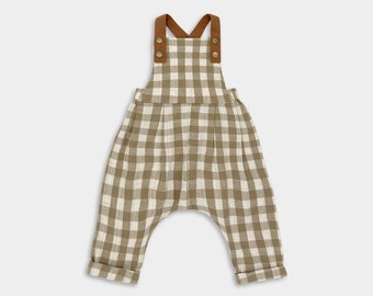 Beige Gingham Long Overalls / Summer Linen Jumpsuit / Rustic Toddler Playsuit / Neutral Child Bibs / Smash Cake Birthday Photoshoot Overalls