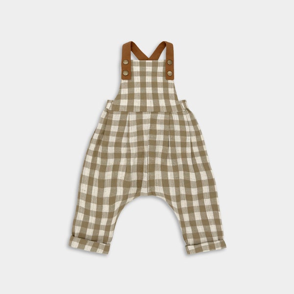 Beige Gingham Long Overalls / Summer Linen Jumpsuit / Rustic Toddler Playsuit / Neutral Child Bibs / Smash Cake Birthday Photoshoot Overalls