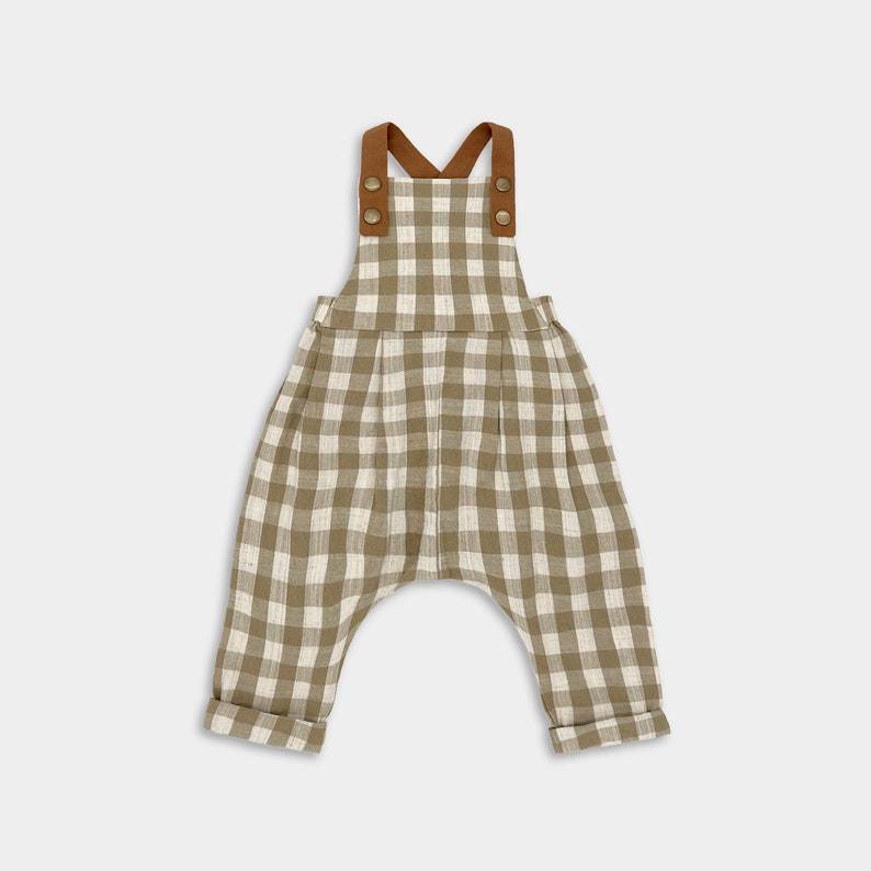 Beige Gingham Long Overalls / Summer Linen Jumpsuit / Rustic Toddler Playsuit / Neutral Child Bibs / Smash Cake Birthday Photoshoot Overalls image 1