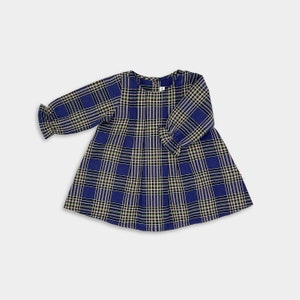 Indigo Plaid Toddler Dress -  A Timeless  Linen Long Sleeved Dress for Fall and Special Events