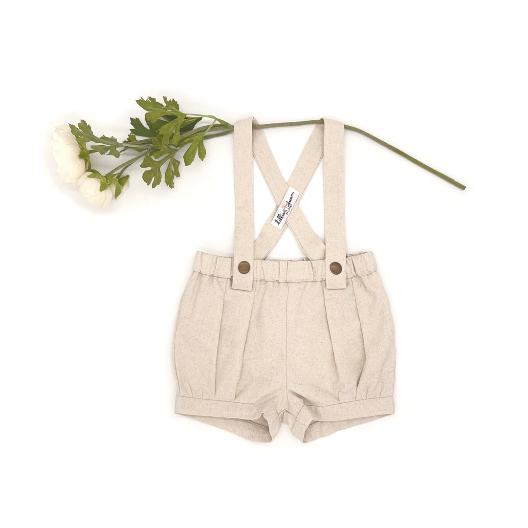 Natural Linen Suspender Shorts / Baby Boy Cake Smash Shorts / Toddler Tan Ring Bearer Outfit