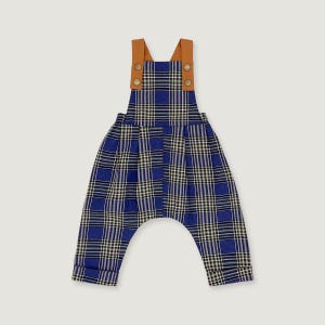 Indigo Plaid Linen Overalls: USA Designed Baby Dungarees