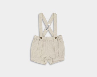 Natural Linen Suspender Shorts / Baby Boy Cake Smash Shorts / Toddler Tan Ring Bearer Outfit / Infant Wedding Outfit / Baptism Photos Outfit