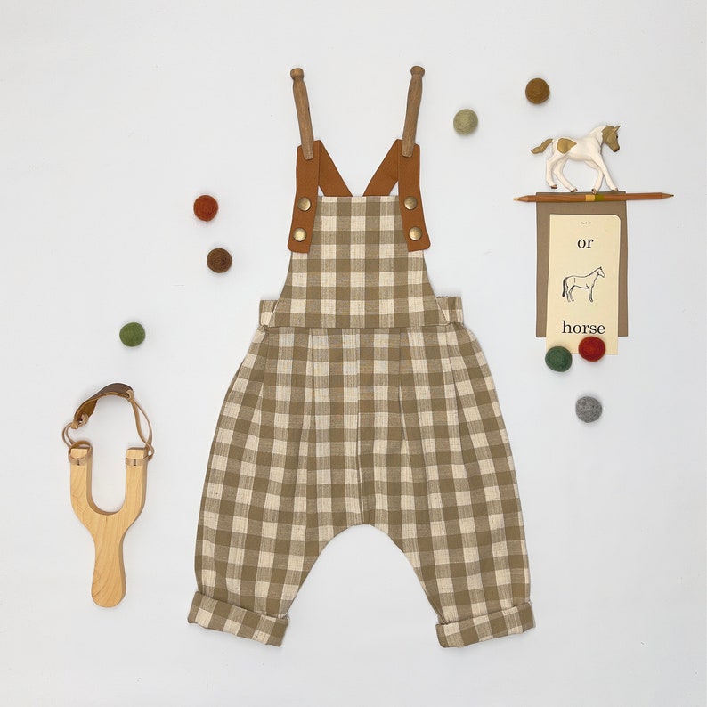 Beige Gingham Long Overalls / Summer Linen Jumpsuit / Rustic Toddler Playsuit / Neutral Child Bibs / Smash Cake Birthday Photoshoot Overalls image 3