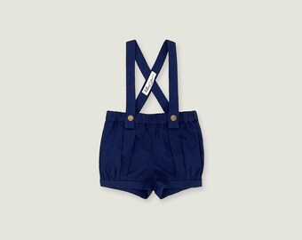 Navy Linen Baby Suspender Shorts: Ring Bearer Outfit