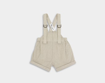 Beige Stripes Romper / Ring Bearer Outfit / High Waist Shorts / Beige Suspender Shorts / Formal Toddler Outfit / Beach Coveralls / Shortall