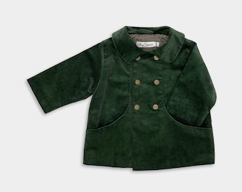 Evergreen Corduroy Coat / Green Infant Peacoat / Timeless Classic Overcoat / Toddler Double Breasted Jacket / Retro Peter Pan Collar Coat