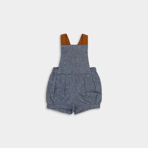 Chambray Blue Linen Baby Overalls: Pleated Cuff Design
