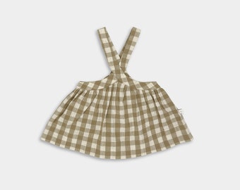 Beige Gingham Pinafore / Linen Rustic Skirt / Toddler Girl Wedding Outfit / Back to School Dress / Traditional Pinny / Vintage Apron Dress