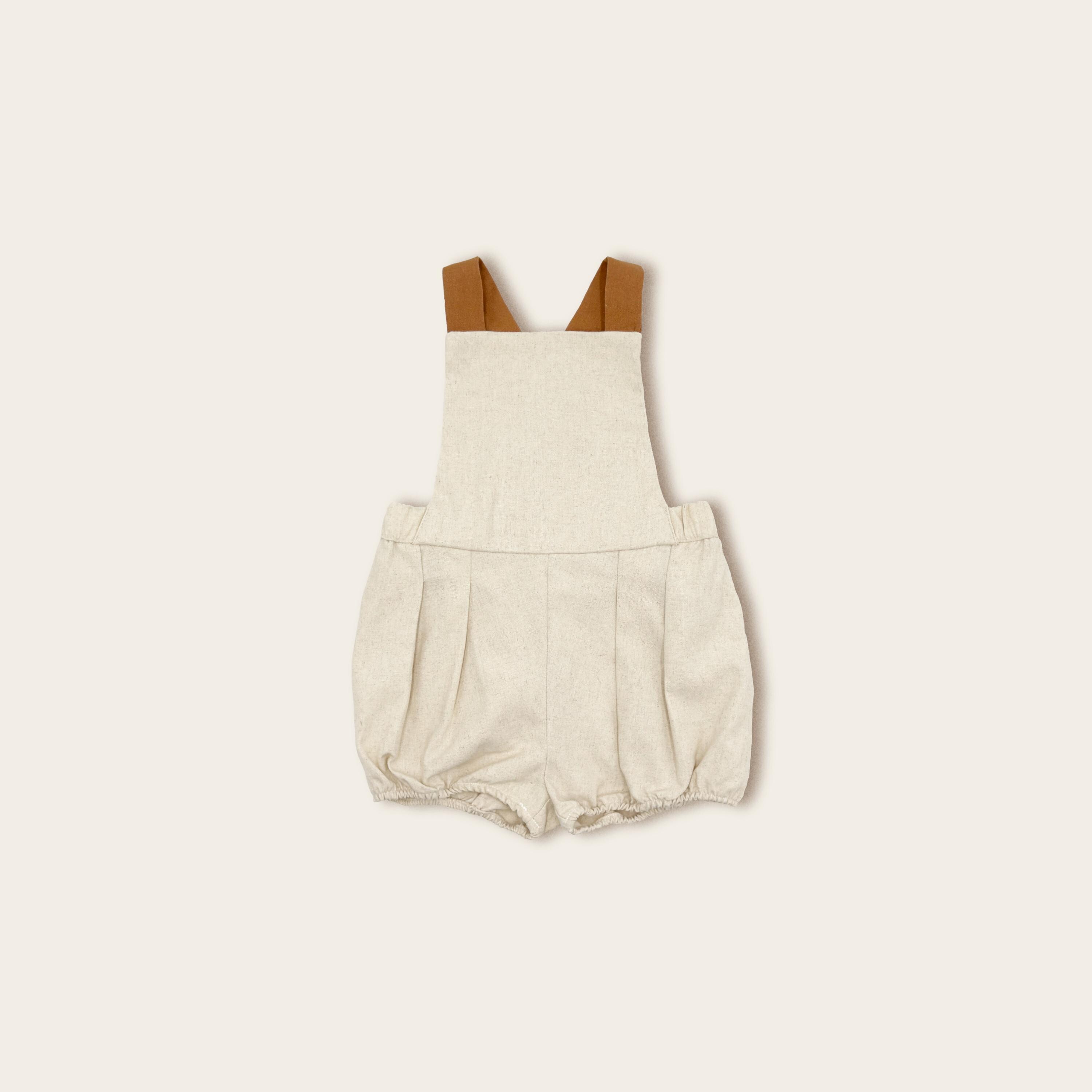 ナチュラルリネンのバブルロンパー：レトロヴィンテージ風キッズ 