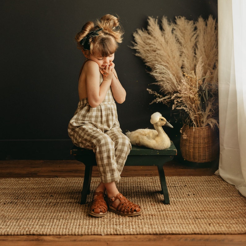 Beige Gingham Long Overalls / Summer Linen Jumpsuit / Rustic Toddler Playsuit / Neutral Child Bibs / Smash Cake Birthday Photoshoot Overalls image 4