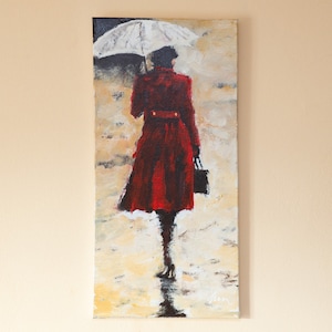 Vrouw met paraplu die op canvas, olieverfschilderijen, canvas het schilderen, vrouwenkunst, rode kleding, paraplu het schilderen, de kunst van de woonkamermuur schildert