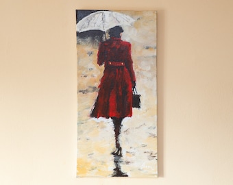 Femme avec la peinture de parapluie sur la toile, peintures à l’huile, peinture de toile, art de femme, robe rouge, peinture de parapluie, art de mur de salon