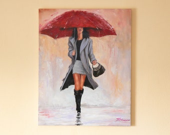 Dame avec la peinture rouge de parapluie sur toile, peinture de toile, peinture à l’huile, parapluie, peinture de femme, mode, art rouge de parapluie, prêt à accrocher