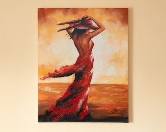 Woman on the beach painting on canvas, oil painting, sunset scene painting, lady in red dress painting, summer fashion, ready to hang