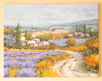 Peinture de paysage toscane sur toile, peinture de scène de paysage, champ de lavande, peinture sur toile, paysage de paysage, croatie, prêt à accrocher