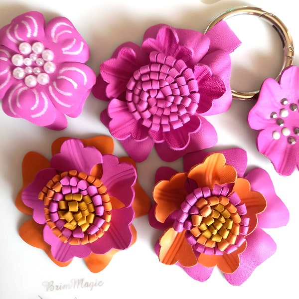 Pretty leather flowers, bag charms in pink or pink + orange, shoe clips, handmade