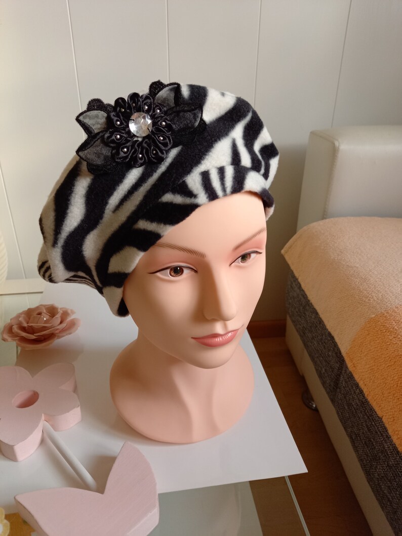 Women's Beret Black and White With Sewn Lace Flower Application Etsy