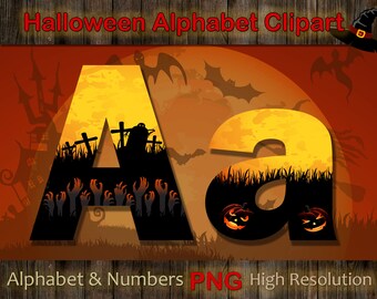 Spooky Halloween Cemetery Bats Alphabet Clipart, Creepy font with large and small letters, Halloween alphabet PNG, Scrapbooking Letters