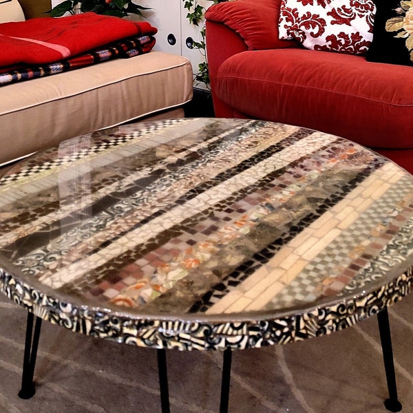 Round Mosaic epoxy resin striped coffee table; Mosaic epoxy resin bistro table; Mosaic coffee table; Epoxy resin coffee table with mosaics