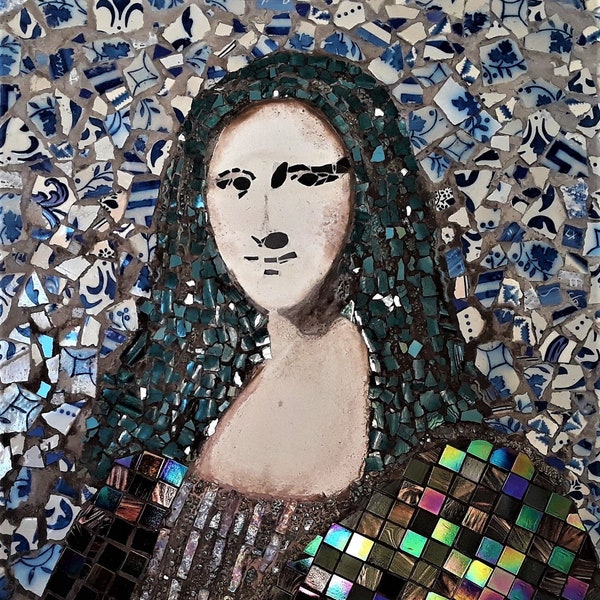 Mosaic MONA LISA wall hanging with antique Portuguese tile and iron frame