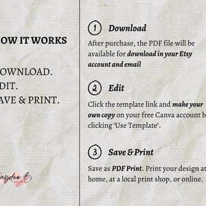 May include: How to download, edit, and print a digital template.  After purchase, download the PDF file from your Etsy account.  Edit the template in Canva and save as a PDF to print at home or a local print shop.
