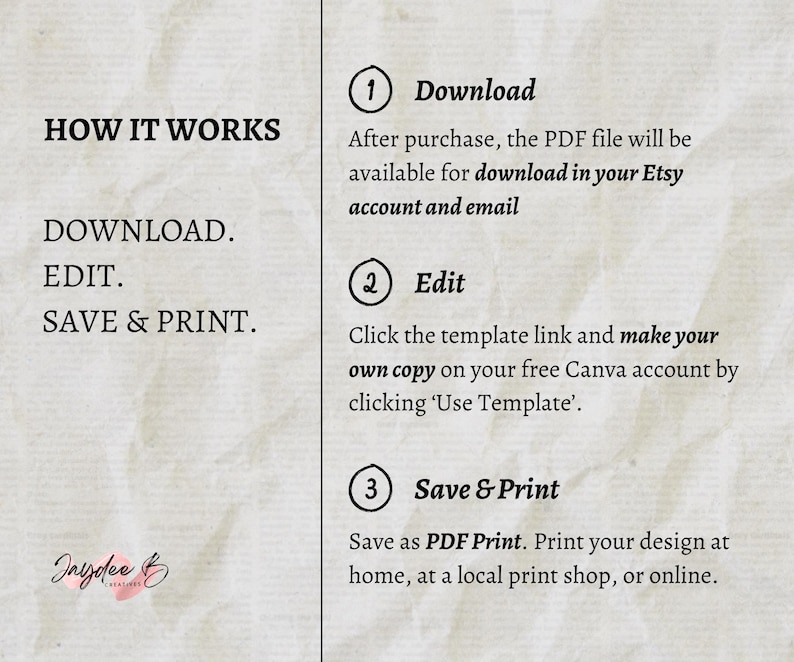 May include: How to download, edit, and print a digital template.  After purchase, download the PDF file from your Etsy account.  Edit the template in Canva and save as a PDF to print at home or a local print shop.