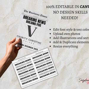 May include: A digital design template for a newspaper announcement. The template features the text "Breaking News" in a bold, black font. The text "Building Five" is also included in the design. The template is fully editable in Canva and requires no design skills.