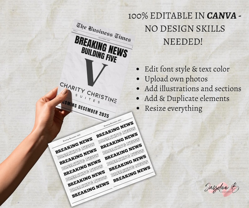 May include: A digital design template for a newspaper announcement. The template features the text "Breaking News" in a bold, black font. The text "Building Five" is also included in the design. The template is fully editable in Canva and requires no design skills.