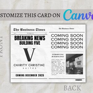 May include: A black and white newspaper announcement for the opening of Charity Christine Suites, Building Five, coming in December 2025. The headline reads "Breaking News Building Five". The announcement includes a photo of the building with a sign that reads "Coming Soon".