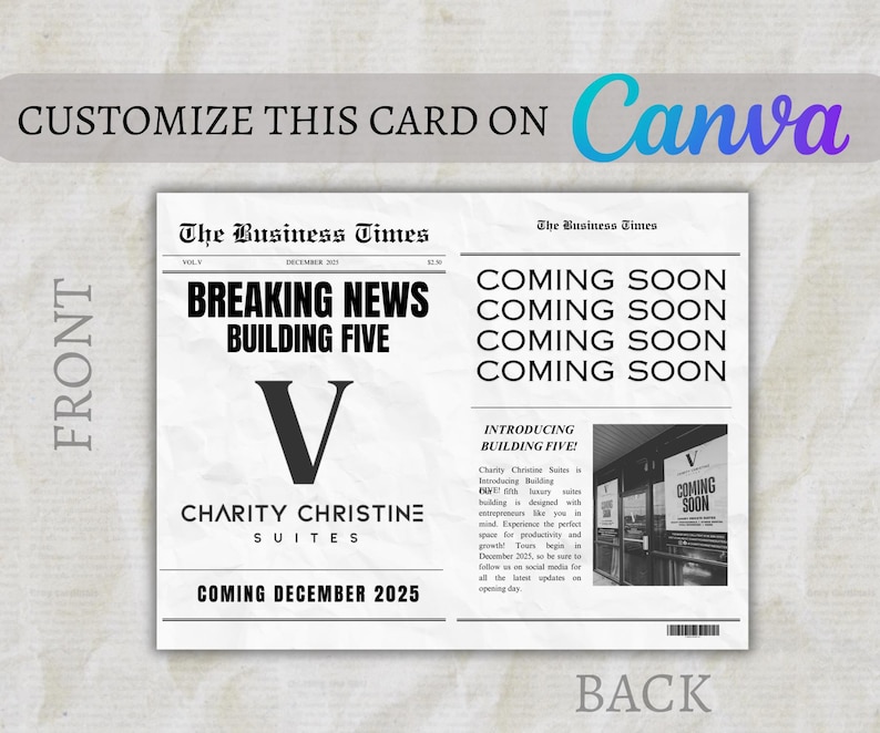 May include: A black and white newspaper announcement for the opening of Charity Christine Suites, Building Five, coming in December 2025. The headline reads "Breaking News Building Five". The announcement includes a photo of the building with a sign that reads "Coming Soon".