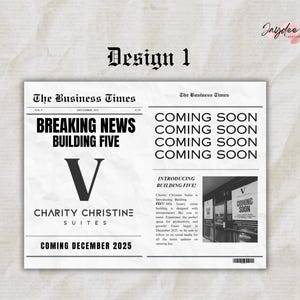May include: A black and white newspaper announcement with the headline "BREAKING NEWS BUILDING FIVE" and the text "CHARITY CHRISTINE SUITES COMING DECEMBER 2025". The announcement also includes the letter "V" and the text "COMING SOON" repeated four times.