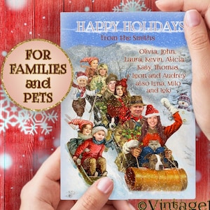 Tarjeta navideña personalizada con foto - Divertida tarjeta familiar de paseo en trineo vintage - Imprimible
