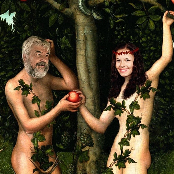 4th Anniversary Gift for him, Fruit Anniversary Made-to-order digital art, Custom couple portrait, Personalized Adam and Eve painting
