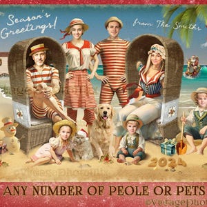 Cartão de Natal em família personalizado com fotos - Cartão de Natal vintage engraçado para a família com tema tropical - Natal na praia 2024 - Para imprimir