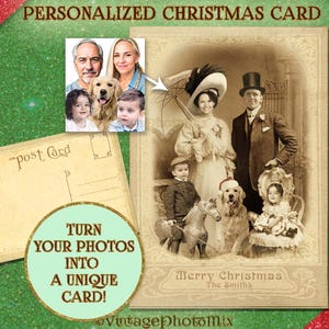 Tarjeta navideña familiar vintage personalizada con fotos - Retrato familiar victoriano - Tarjeta con temática histórica - Felicitaciones digitales personalizables
