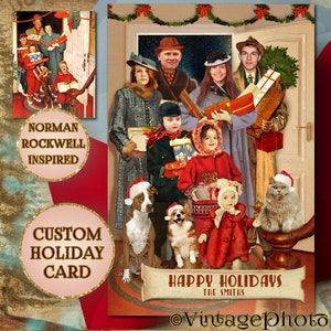 Cartão de Natal de meados do século inspirado na arte de Norman Rockwell - Personalizado com suas fotos - Cartão de Natal retrô - Para impressão