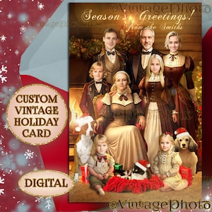 Personalisierte viktorianische Weihnachtsgrußkarte - Deine Fotos in einer Illustration einer viktorianischen Familie - Digitales Kartendesign