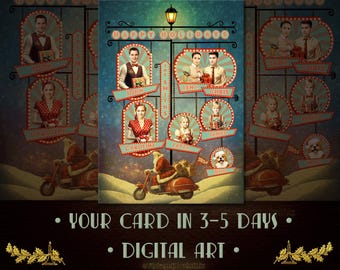 Funny Midcentury Xmas Card — Personalized Retro Holiday Art - Funny Family Portrait - Digital
