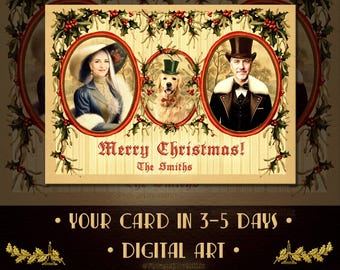 Customized Victorian Christmas card with photo - Nostalgic and unique vintage greeting card - Add your face family photo card - Printable